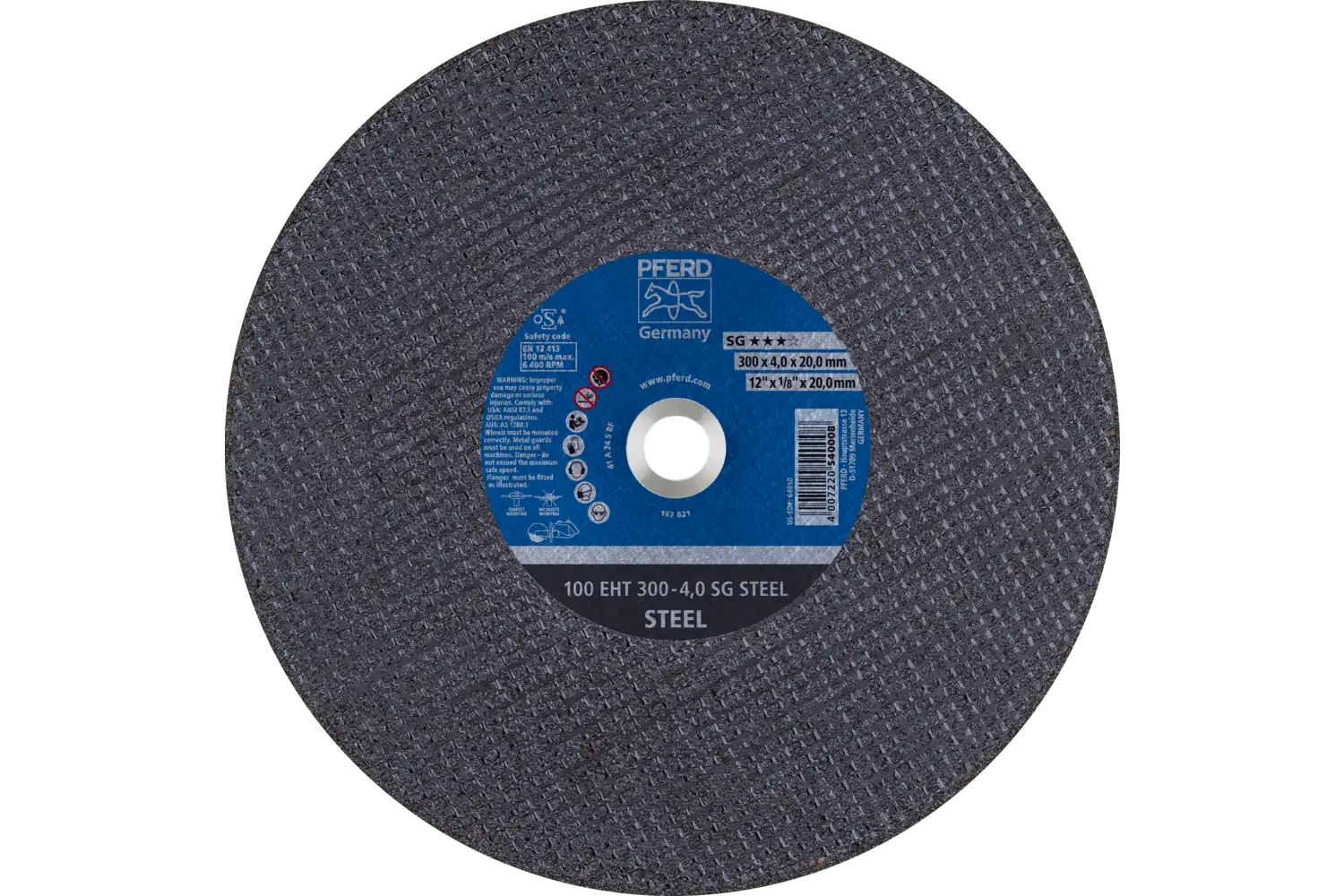 Picture of Pferd Portable Cut-Off Wheel, 12" X 1/8 X 20mm, Sg Steel, T1, Aluminum Oxide